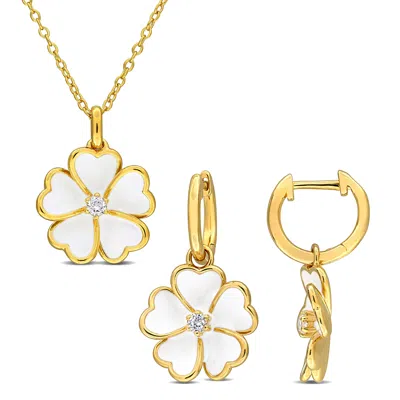 Mimi & Max 1/4ct Tgw White Topaz Purple Enamel Flower Necklace Earrings Rose Silver