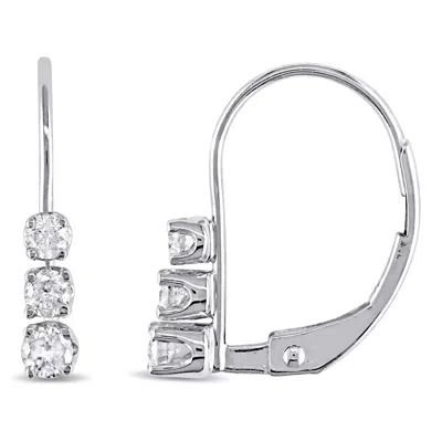 Mimi & Max 1/4ct Tw 3 Stone Diamond Leverback Earrings In 14k White Gold In Silver