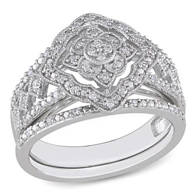 Mimi & Max 1/4ct Tw Diamond Halo Bridal Set Sterling Silver In White