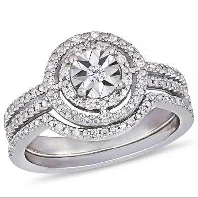 Mimi & Max 1/4ct Tw Diamond Halo Split Shank Bridal Set Sterling Silver In White
