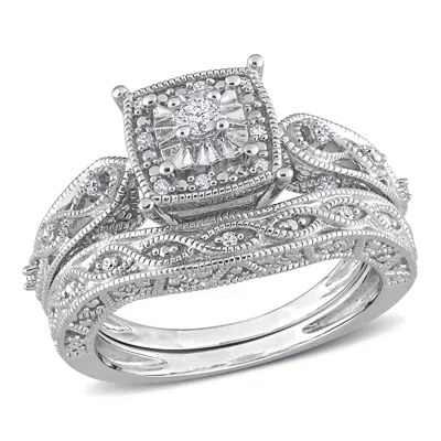 Mimi & Max 1/5ct Tw Diamond Cushion Shape Filigree Bridal Set In Sterling Silver In White