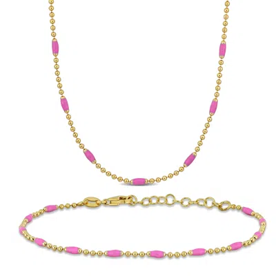 Mimi & Max 1.5mm Ball Link Pink Enamel Chain Bracelet And Necklace Set Yellow Plated Sterling Silver In Gold