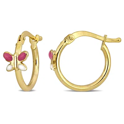 Mimi & Max 15mm Pink And White Enamel Butterfly Hoop Earrings In 14k Yellow Gold