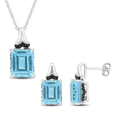 Mimi & Max 16 3/8ct Tgw Octagon-cut Sky Blue Topaz Black Sapphire Jewelry Set Sterling Silver In Gray
