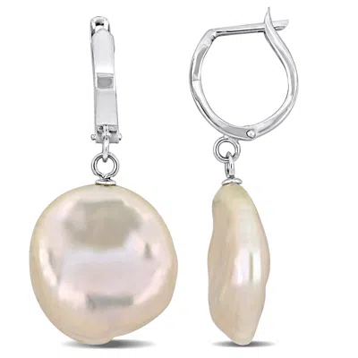 Mimi & Max 16.5-17mm Cultured Freshwater Pink Coin Pearl Hoop Earrings In 14k White Gold In Multi