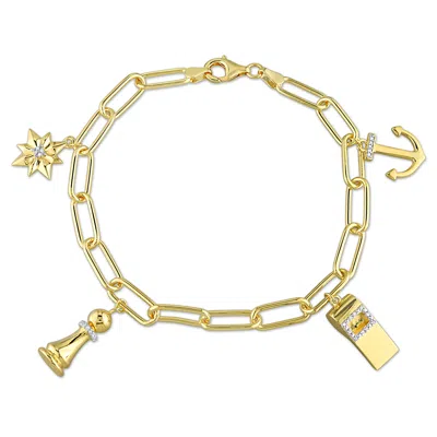 Mimi & Max 1/6ct Tdw Men's Diamond 4-charm 6mm Oval Link Chain Bracelet In Yellow Plated Sterling Silver - 9 In