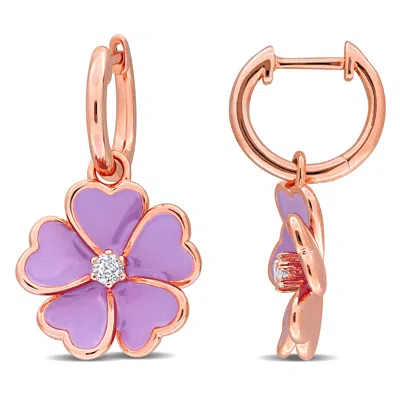 Mimi & Max 1/6ct Tgw White Topaz Purple Enamel Plated Flower Hoop Earrings Rose Silver In Multi