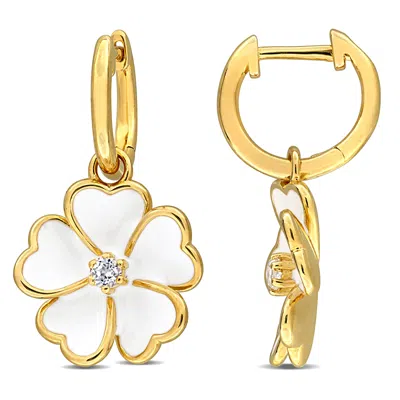 Mimi & Max 1/6ct Tgw White Topaz White Enamel Plated Flower Hoop Earrings Yellow Silver