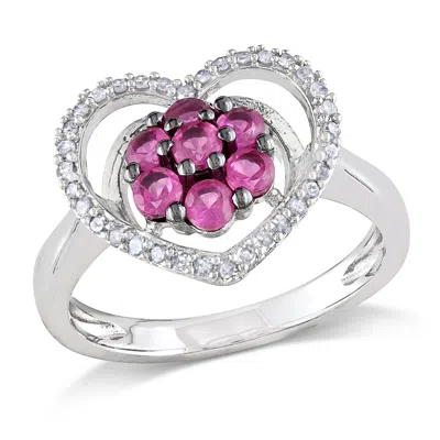 Mimi & Max 1/6ct Tw Diamond 5/8ct Tgw Created Pink Sapphire Heart Ring Sterling Silver In Multi