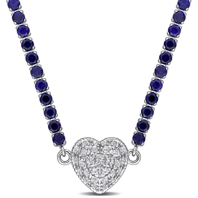 Mimi & Max 17 1/2ct Tgw Created Blue Created White Sapphire Heart Necklace Sterling Silver-17 In In Multi