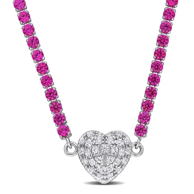 Mimi & Max 17 1/2ct Tgw Created Pink Created White Sapphire Heart Necklace Sterling Silver-17 In In Multi