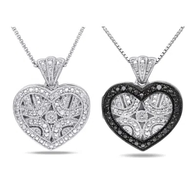 Mimi & Max 1/8ct Tw Black White Diamond Heart Locket Necklace 2-piece Set Sterling Silver In Multi