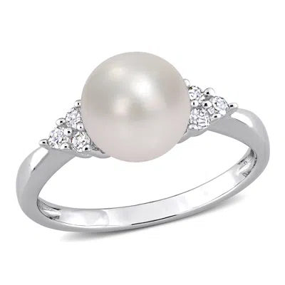Mimi & Max 1/8ct Tw Diamond 8-8.5mm White Cultured Freshwater Pearl Ring In Sterling Silver
