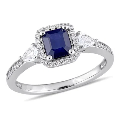 Mimi & Max 1ct Tgw Octagon-cut Sapphire White Sapphire And 1/6ct Tw Diamond 3-stone Ring In 14k White Gold In Blue