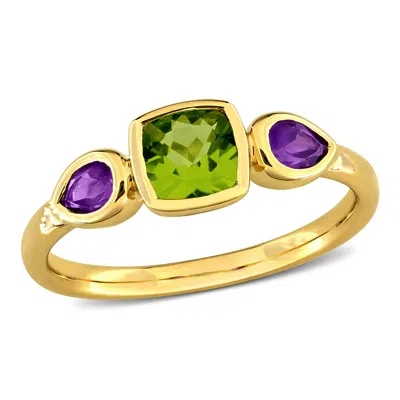 Mimi & Max 1ct Tgw Peridot And Amethyst 3-stone Ring In 10k Yellow Gold In Multi