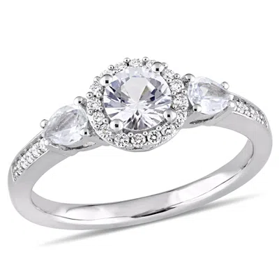 Mimi & Max 1ct Tgw Round And Pear-cut White Sapphire And 1/8ct Tw Diamond 3-stone Halo Ring In 14k White Gold