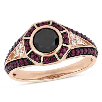 Mimi & Max 1ct Tw Black & White Diamond 1/2ct Tgw Ruby Halo Ring 10k Rose Gold In Red