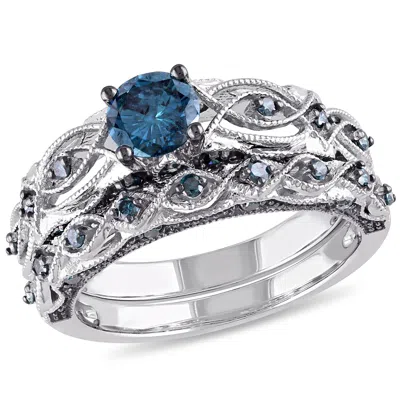 Mimi & Max 1ct Tw Blue Diamond Bridal Set In 10k White Gold With Black Rhodium