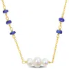 Mimi & Max 2 1/2ct Tgw Blue Sapphire Beads And 4-6.5mm Cultured Freshwater Pearl Necklace In Yellow Siilver - 1 In Multi