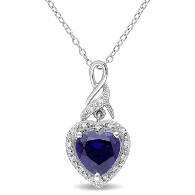 Mimi & Max 2 1/4 Ct Tgw Created Blue Sapphire Heart And 0.06 Ct Tw Diamond Twist Pendant With Chain In Sterling In White