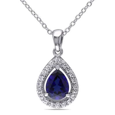 Mimi & Max 2 1/5 Ct Tgw Created Blue And Created White Sapphire Teardrop Halo Pendant With Chain In Sterling Si In Silver