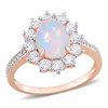 Mimi & Max 2 1/6 Ct Tgw Oval Shape Blue Ethiopian Opal And White Topaz And 1/10 Ct Tw Diamond Halo Ring In Rose In Pink