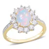 Mimi & Max 2 1/6 Ct Tgw Oval Shape Blue Ethiopian Opal And White Topaz And 1/10 Ct Tw Diamond Halo Ring In Yell In Yellow