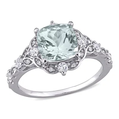 Mimi & Max 2 3/5ct Tgw Cushion-cut Aquamarine, White Sapphire And Diamond Accent Ring In 14k White Gold In Multi