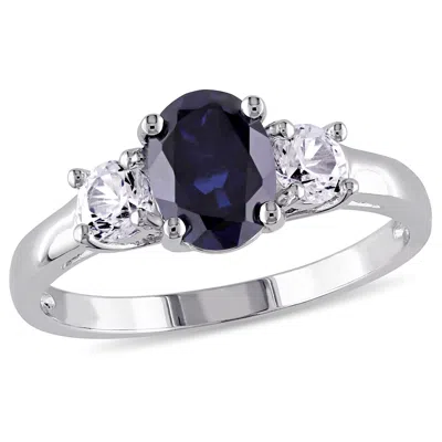 Mimi & Max 2 5/8ct Tgw Oval-cut Created Blue And White Sapphire 3-stone Ring In Sterling Silver
