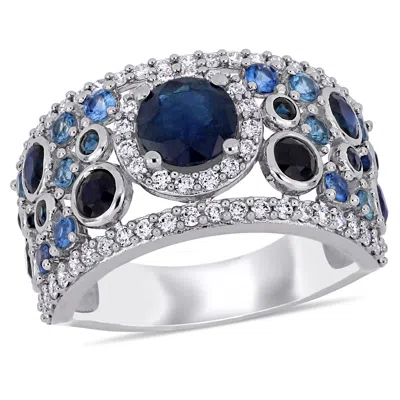 Mimi & Max 2 5/8ct Tgw Sapphire And 1/2ct Tw Diamond Halo Cluster Ring In 14k White Gold In Blue