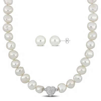 Mimi & Max 2-pc Set Of 11-12mm Cultured Freshwater Pearl Cz Heart Necklace Earrings Sterling Silver In White