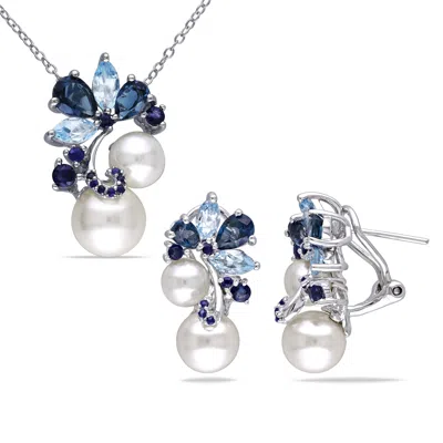 Mimi & Max 2-pc Set Of 5 3/4ct Tgw London And Sky Blue Topaz, Sapphire And Cultured Freshwater Pearl Earrings A In Multi
