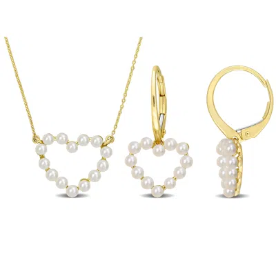 Mimi & Max 2 Piece Set Of 2-2.5mm Cultured Freshwater Pearl Heart Jewelry 14k Yellow Gold In White