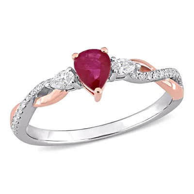 Mimi & Max 2/5ct Tgw Ruby 1/5ct Tdw Diamond 3-stone Promise Ring Two-tone 14k White Rose Gold In Silver