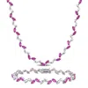 Mimi & Max 29 7/8ct Tgw Created Pink Sapphire Leaf Necklace And Bracelet Set Sterling Silver In Pink