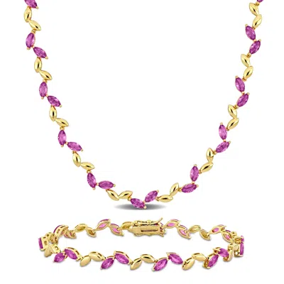 Mimi & Max 29 7/8ct Tgw Created Pink Sapphire Leaf Necklace Bracelet Yellow Plated Sterling Silver In Multi