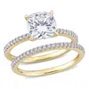 Mimi & Max 2ct Dew Cushion Created Moissanite And 1/4ct Tw Diamond Bridal Ring Set In 14k Yellow Gold In Silver
