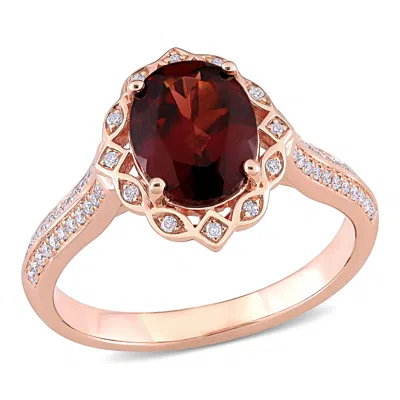 Mimi & Max 2ct Tgw Garnet And 1/6ct Tw Diamond Vintage Halo Ring 14k Rose Gold In Brown