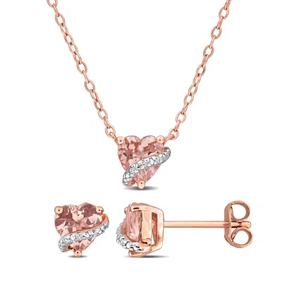Mimi & Max 2ct Tgw Morganite Diamond Accent Heart Swirl Stud Jewelry Set Rose Plated Sterling Silver In Pink