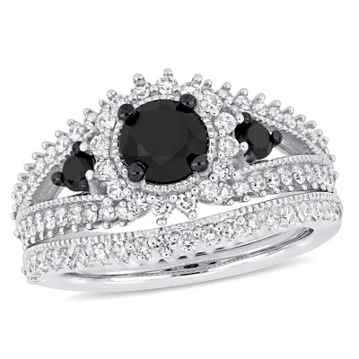 Mimi & Max 2ct Tw Black White Diamond 2-piece Halo Bridal Ring Set 10k White Gold