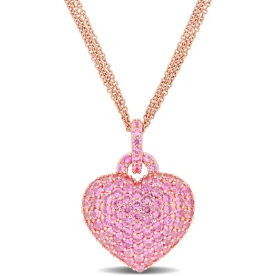 Mimi & Max 3 1/2ct Tgw Created Pink Sapphire Heart Pendant With Triple-strand Chain Rose Silver