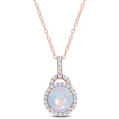 Mimi & Max 3 1/4 Ct Tgw Blue Ethiopian Opal And White Topaz Halo Pendant With Chain In Rose Plated Sterling Sil In Pink