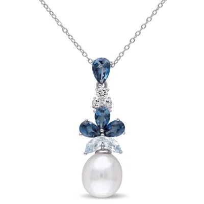 Mimi & Max 3 1/4ct Tgw London, Sky Blue And White Topaz And 9.5-10mm White Cultured Freshwater Pearl Necklace