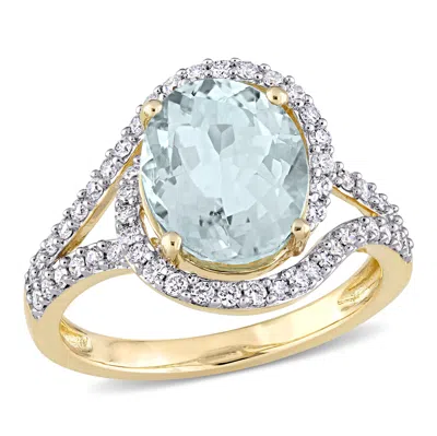 Mimi & Max 3 1/5ct Tgw Aquamarine 1/2ct Tdw Diamond Swirl Ring 14k Yellow Gold In Green