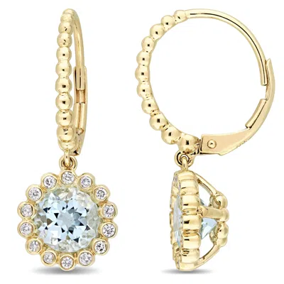 Mimi & Max 3 1/6ct Tgw Blue Topaz 1/3ct Tw Diamond Halo Leverback Earrings 10k Yellow Gold In Silver