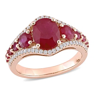 Mimi & Max 3 2/5ct Tgw Ruby And 1/3ct Tw Diamond Graduated Ring In 14k Rose Gold In Red