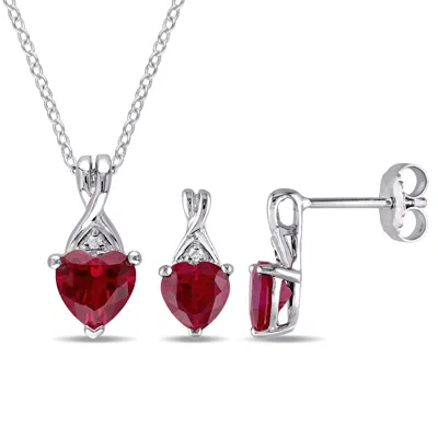 Mimi & Max 3 3/4ct Tgw Created Ruby And Diamond Heart Necklace And Earrings Set Sterling Silver In Red