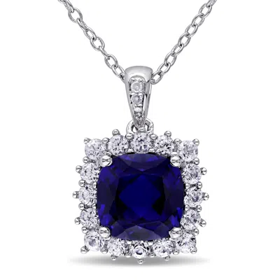 Mimi & Max 3 3/5 Ct Tgw Created Blue And Created White Sapphire And Diamond Halo Pendant With Chain In Sterling