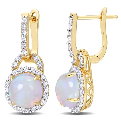 Mimi & Max 3 3/8 Ct Tgw Blue Ethiopian Opal And White Topaz Hoop Halo Charm Earrings In Yellow Plated Sterling