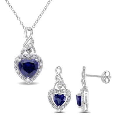 Mimi & Max 3 3/8ct Tgw Created Blue Sapphire 1/5ct Tdw Diamond Heart Jewelry Set Sterling Silver